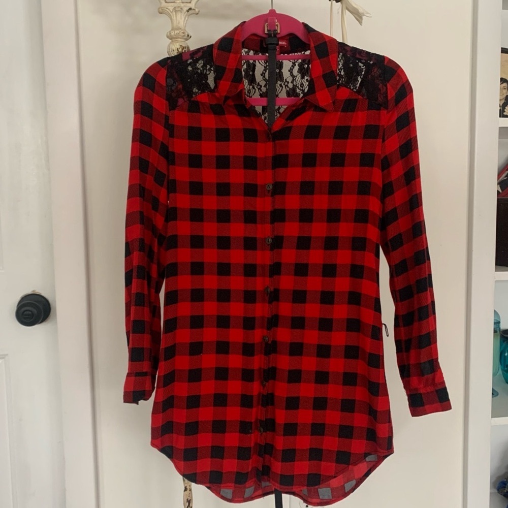 Red and Black Plaid Women's Top